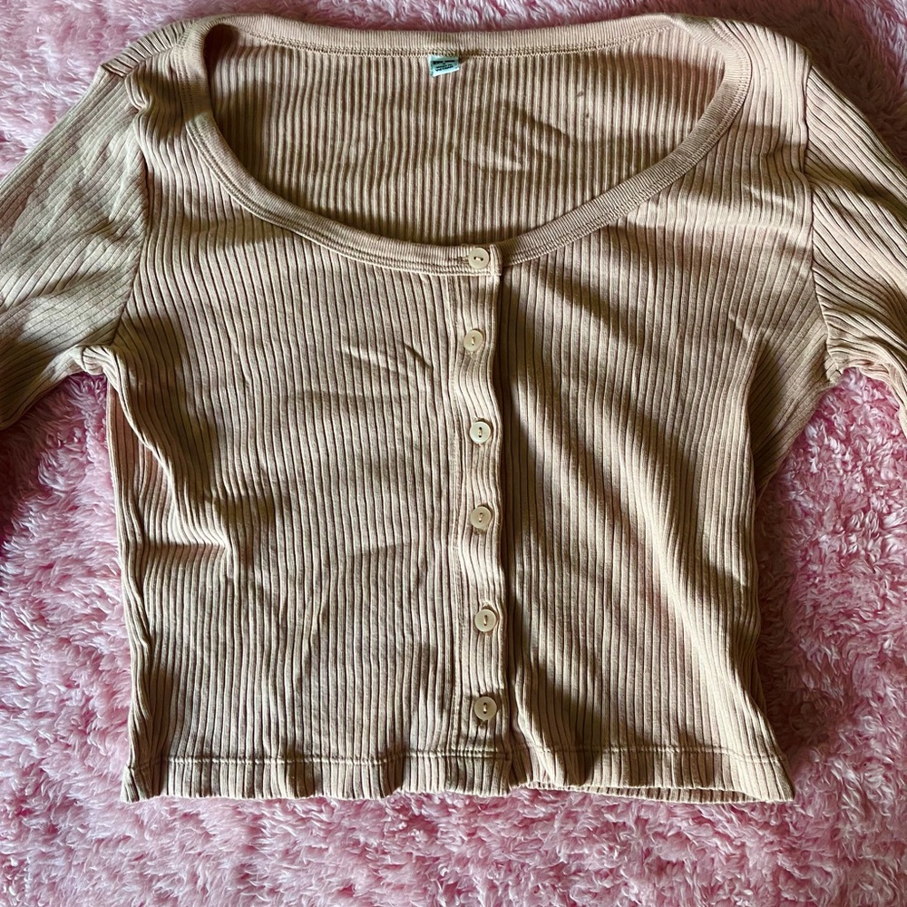 Women's Tan Ribbed Button-Up Top